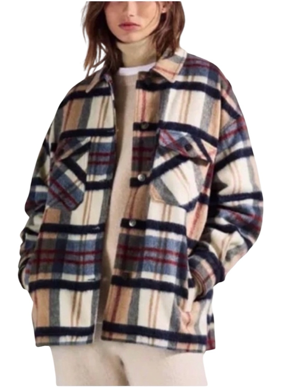 🔥 ZARA Plaid Shacket Jacket in Cream, Navy & Red size XL